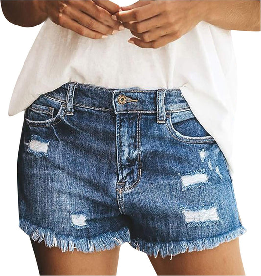 Denim Shorts for Women, Distressed Ripped Jean Shorts Drawstring Frayed Raw Hem Hot Shorts Jeans with Pockets