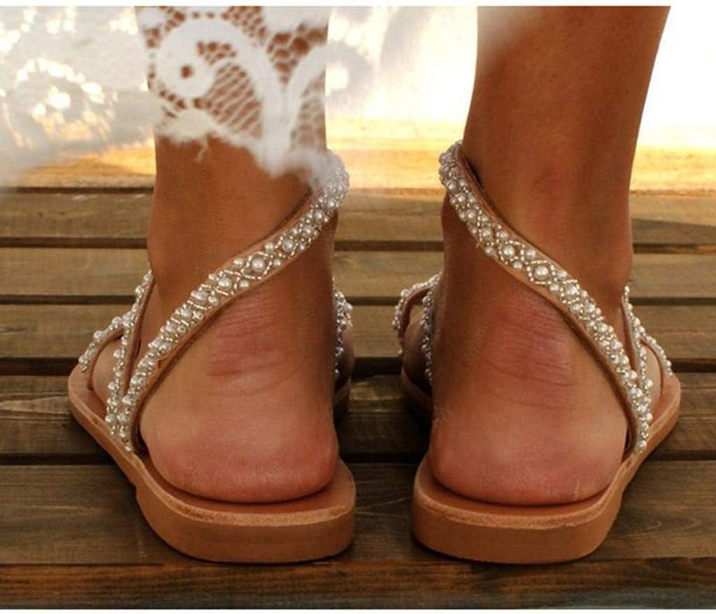 Boho Flat Sandals for Women,Rhinestones Pearl Design Toe Ring Jeweled Sandals Slip on Casual Beach Shoes for Wedding Bride Bridesmaid Ladies