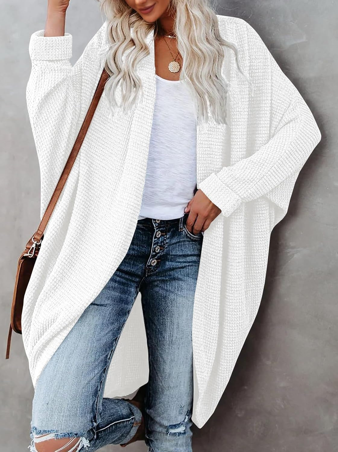 Womens Open Front Knit Cardigan Long Batwing Sleeve Oversized Sweater Chunky Waffle Cable Boho Pockets Coat
