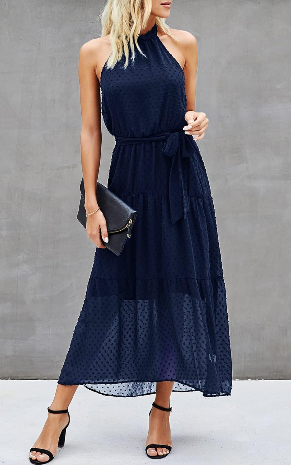 Women’S Halter Neck Floral Long Maxi Dress Casual Sleeveless Backless Dresses Loose Ruffle Sundress with Belt