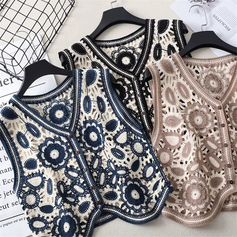 Women Vintage Hollow Out Crochet Crop Top Vest Embroidery Floral Sleeveless Jacket Cardigan Button down Boho Hippie Casual New