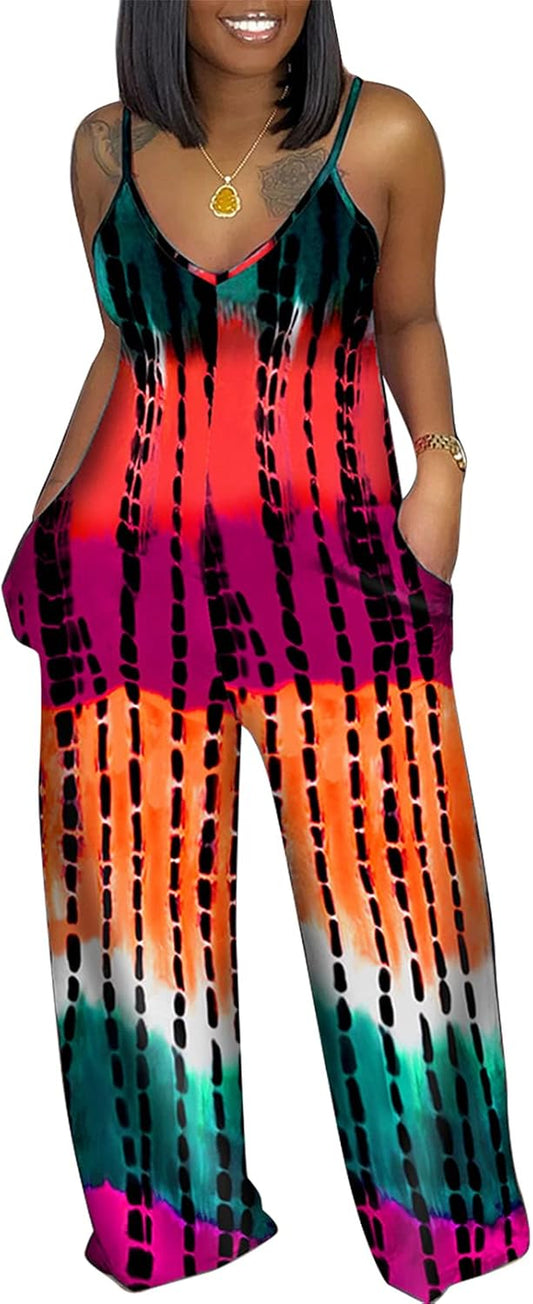 Women Summer Casual Sleeveless Strap Loose Jumpsuits Tie Dye Stretchy Long Pants Romper with Pockets #5 Red XL