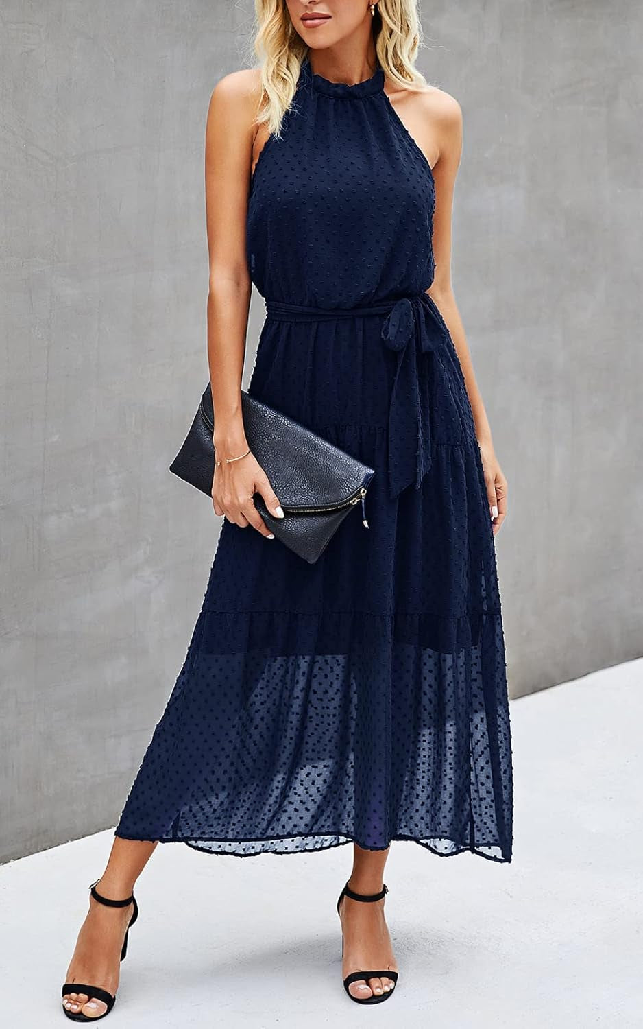 Women’S Halter Neck Floral Long Maxi Dress Casual Sleeveless Backless Dresses Loose Ruffle Sundress with Belt