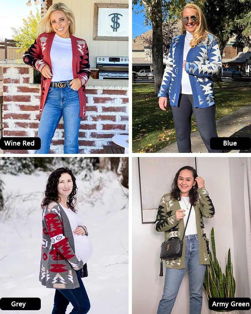 Women Boho Cardigan Aztec Open Front Loose Slouchy Sweaters Tribal Long Sleeve Knitted Christmas Jacket Coat