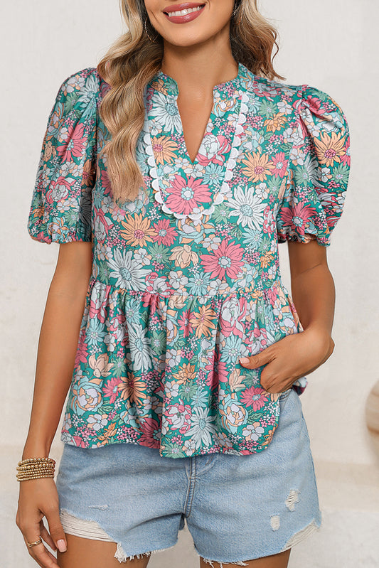 Multicolour Floral Print Short Puff Sleeve V Neck Boho Peplum Blouse