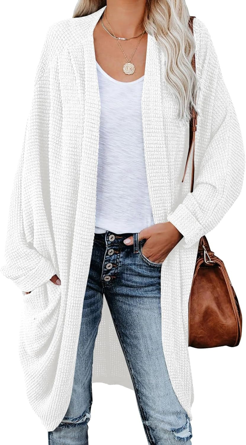 Womens Open Front Knit Cardigan Long Batwing Sleeve Oversized Sweater Chunky Waffle Cable Boho Pockets Coat