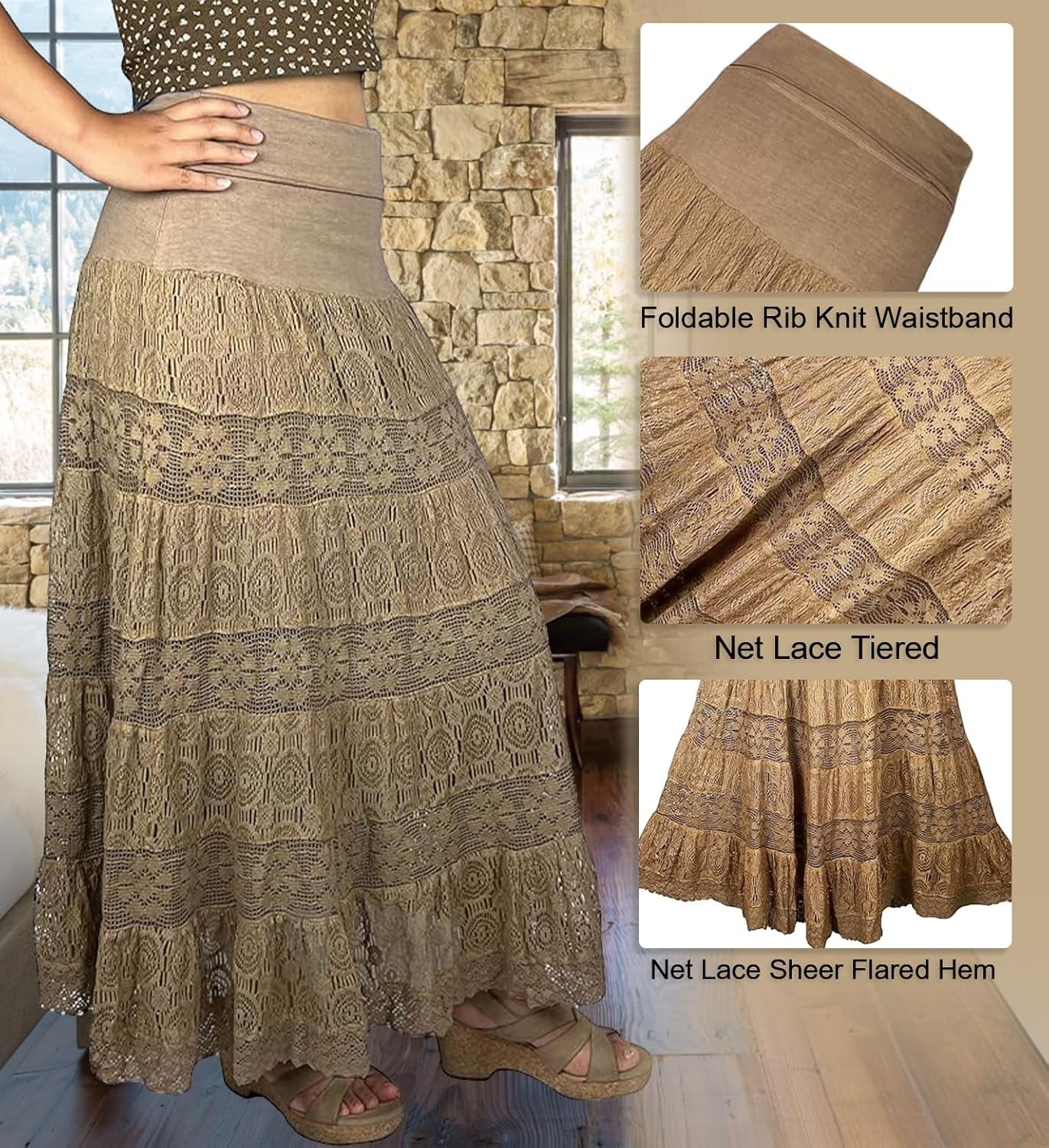 Women'S 2025 Summer Boho Peasant Tiered Long Lace Skirt Maxi - Net Flared Long Maxi Skirts for Women