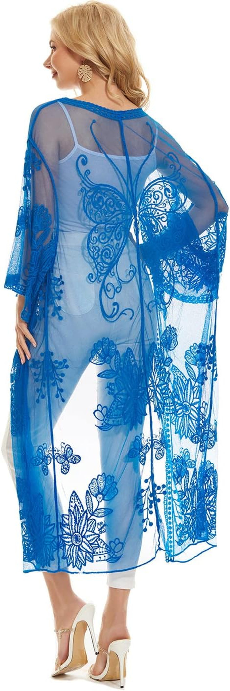 Bikini Cover up Women Boho Beach Wears Summer Long Lace Duster Chemise Kimono Blue 210126