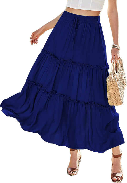 Womens High Waisted Long Skirts a Line Boho Ruffle Flowy Tiered Pleated Maxi Skirt with Pockets