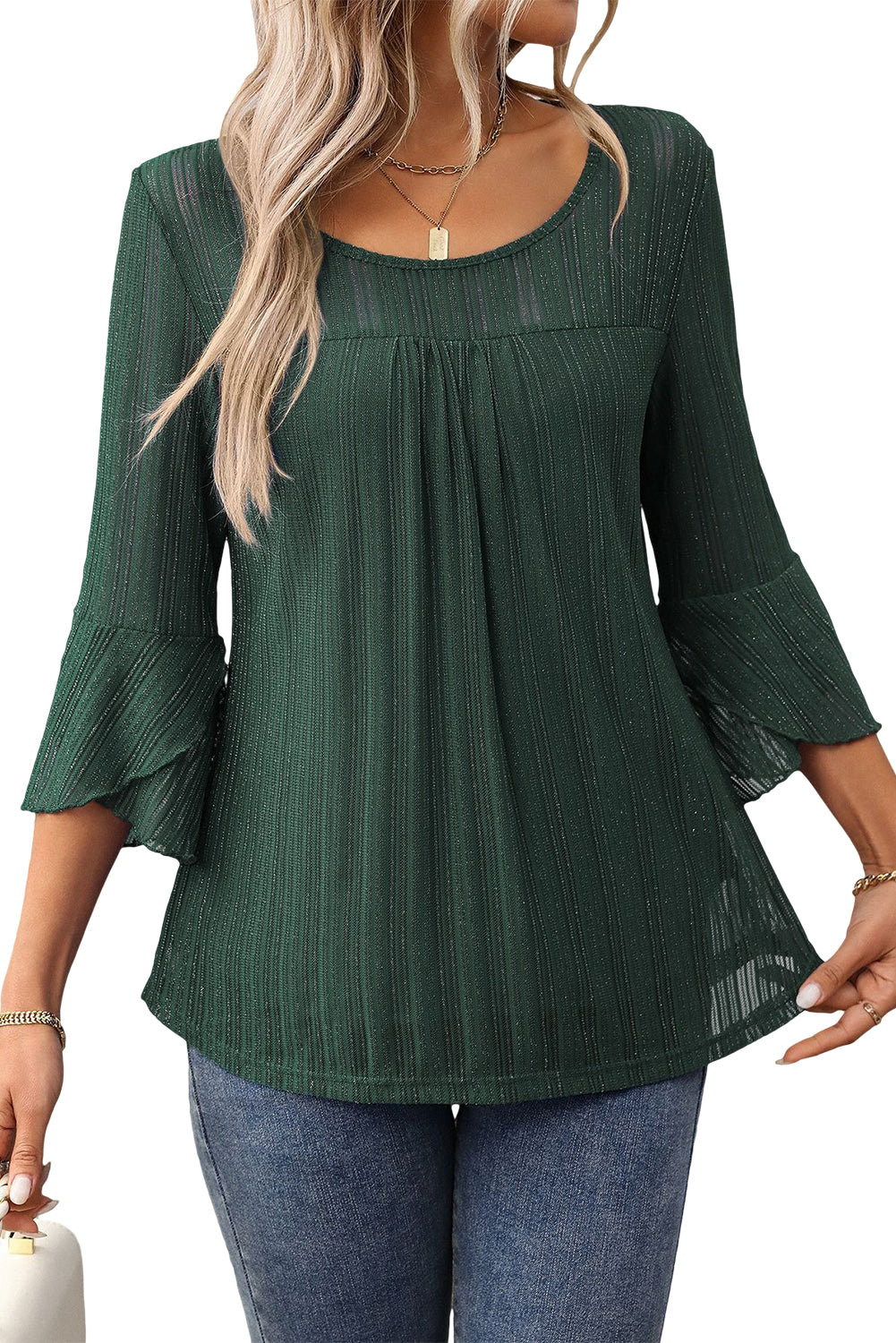 Blackish Green Bell Sleeve Shiny Mesh Top