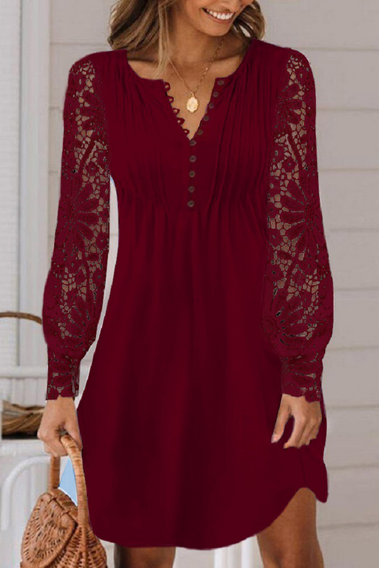 Burgundy Pleated Lace Sleeve Shift Mini Dress