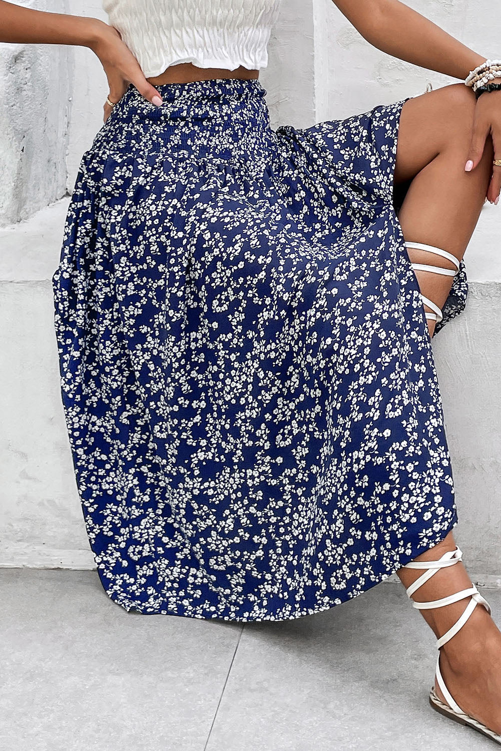 Navy Blue Floral Print Side Split Long Skirt