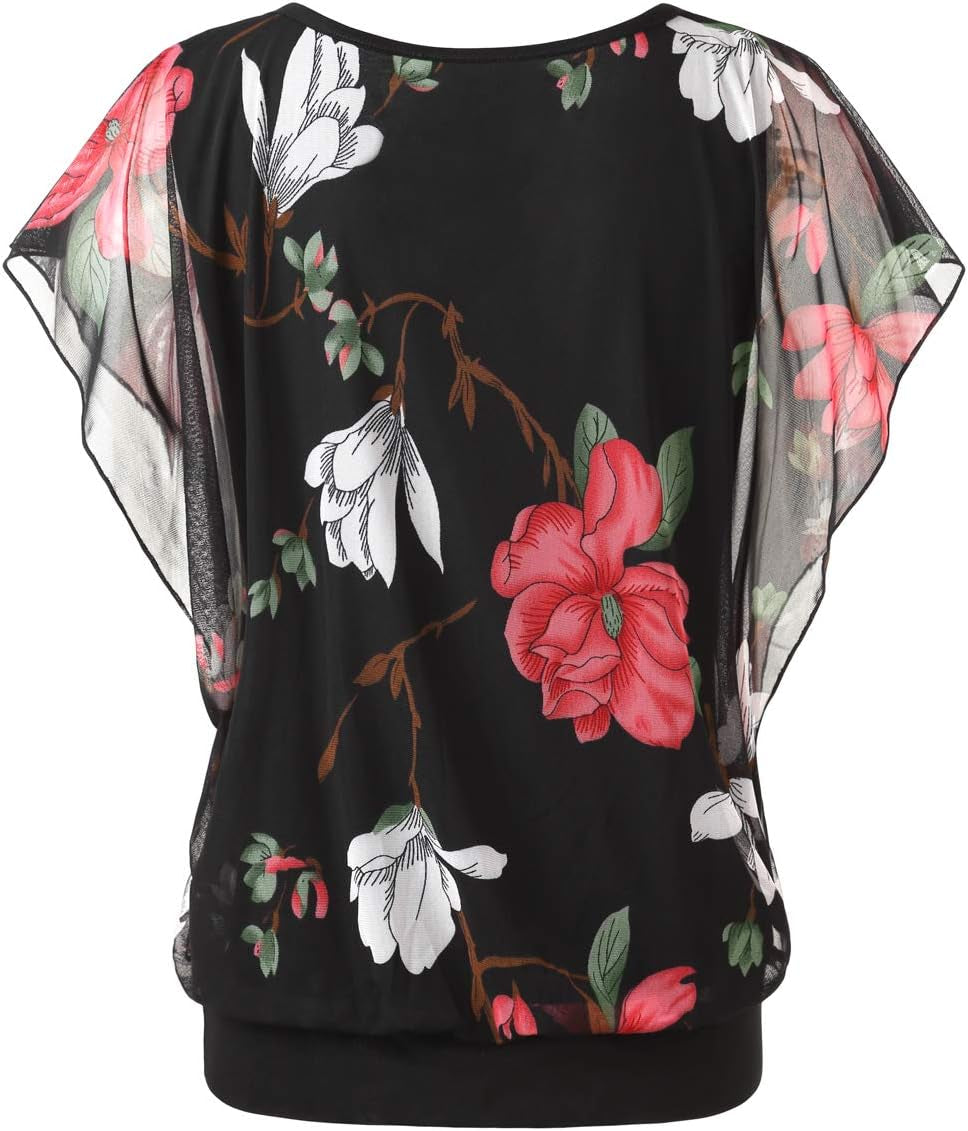 Womens Summer Tops Flutter Short Sleeve Pleated Front Mesh Shirts Dressy Casual Blouses