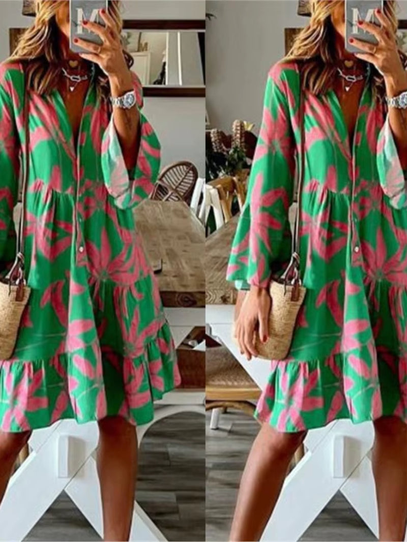 Autumn Boho Vacation Shirt Dresses for Women Sexy V-Neck Flare Sleeve Elegant Ruffles Print Dress Spring Casual Loose Dress