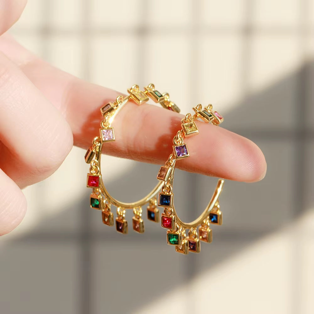 Chic Gold Color Rainbow CZ Big Circle round Dangle Tassel Drop Charms Hoop Earrings for Women 2021 Boho Jewelry CZ818