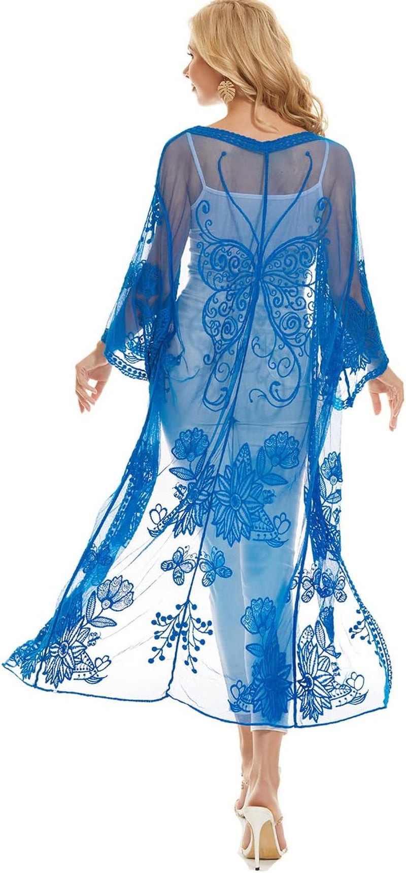 Bikini Cover up Women Boho Beach Wears Summer Long Lace Duster Chemise Kimono Blue 210126