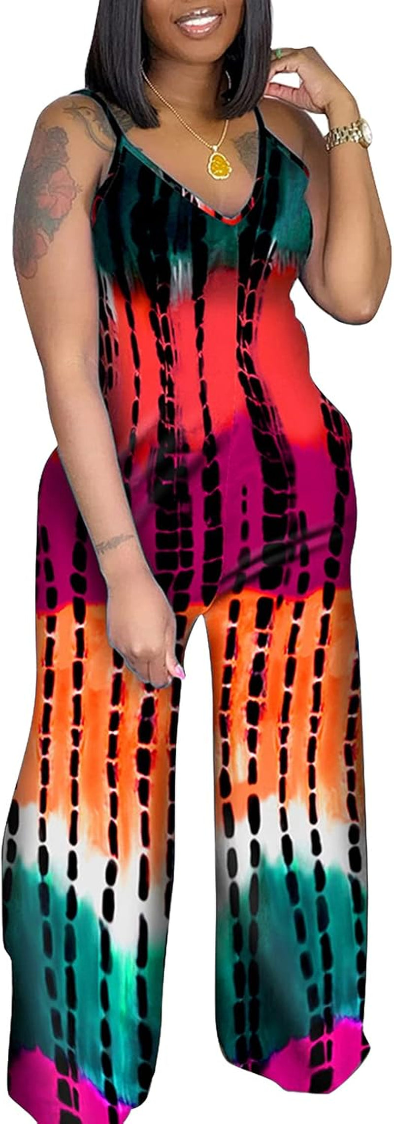 Women Summer Casual Sleeveless Strap Loose Jumpsuits Tie Dye Stretchy Long Pants Romper with Pockets #5 Red XL