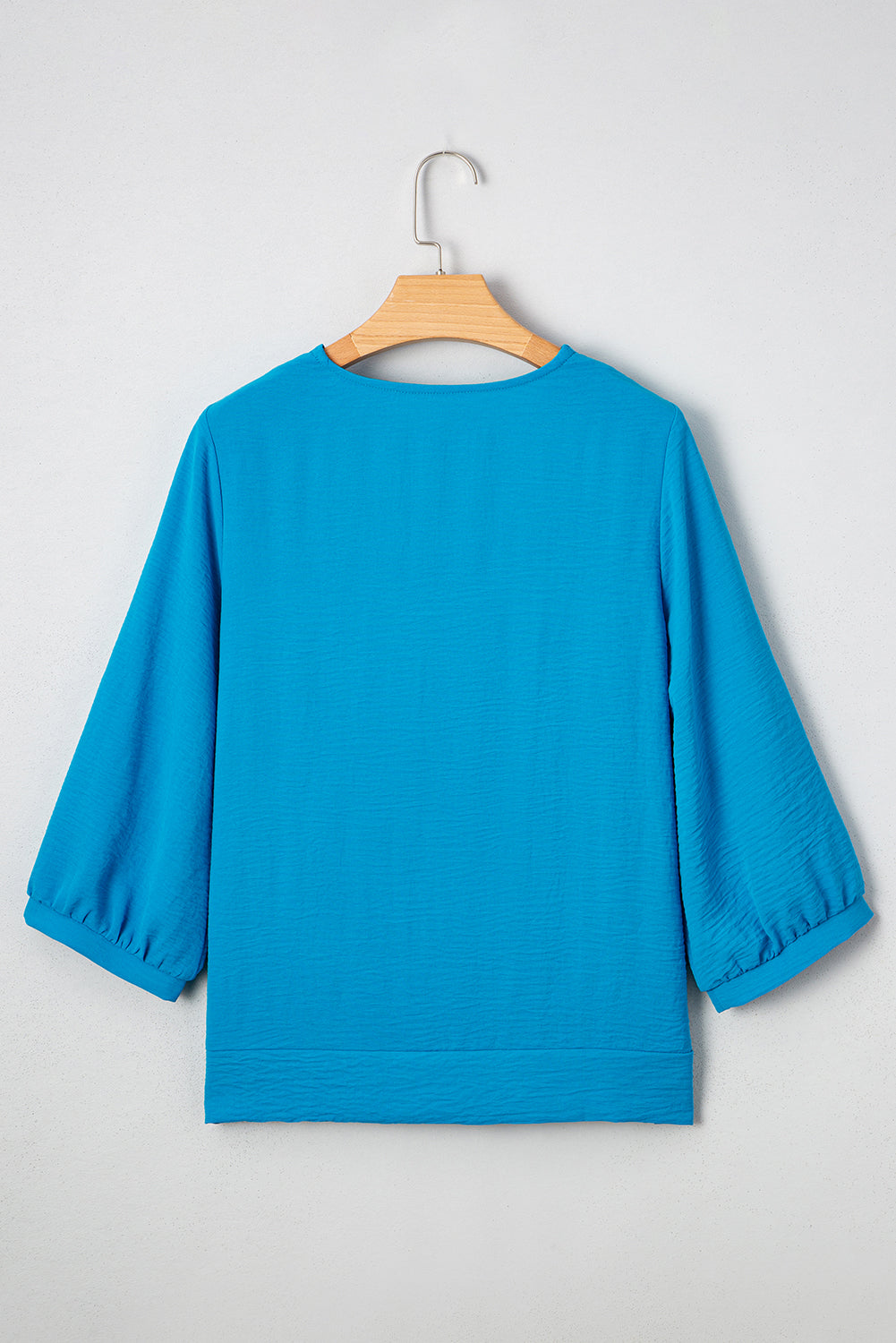 Sky Blue Frill V Neckline Puff Sleeve Crinkled Blouse