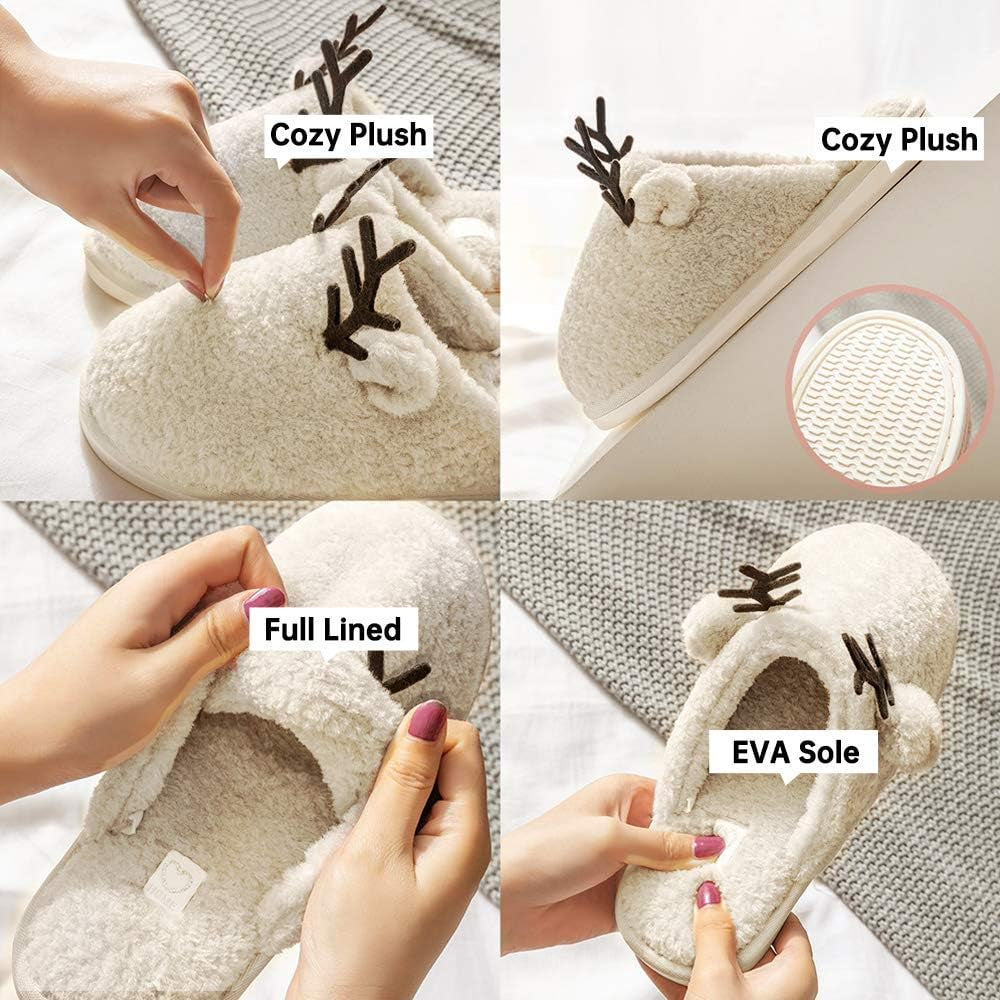 Women'S Cozy Fuzzy Fleece Slippers Memory Foam House Shoes Slide on Reindeer anti Slip Bedroom Slippers Indoor Outdoor