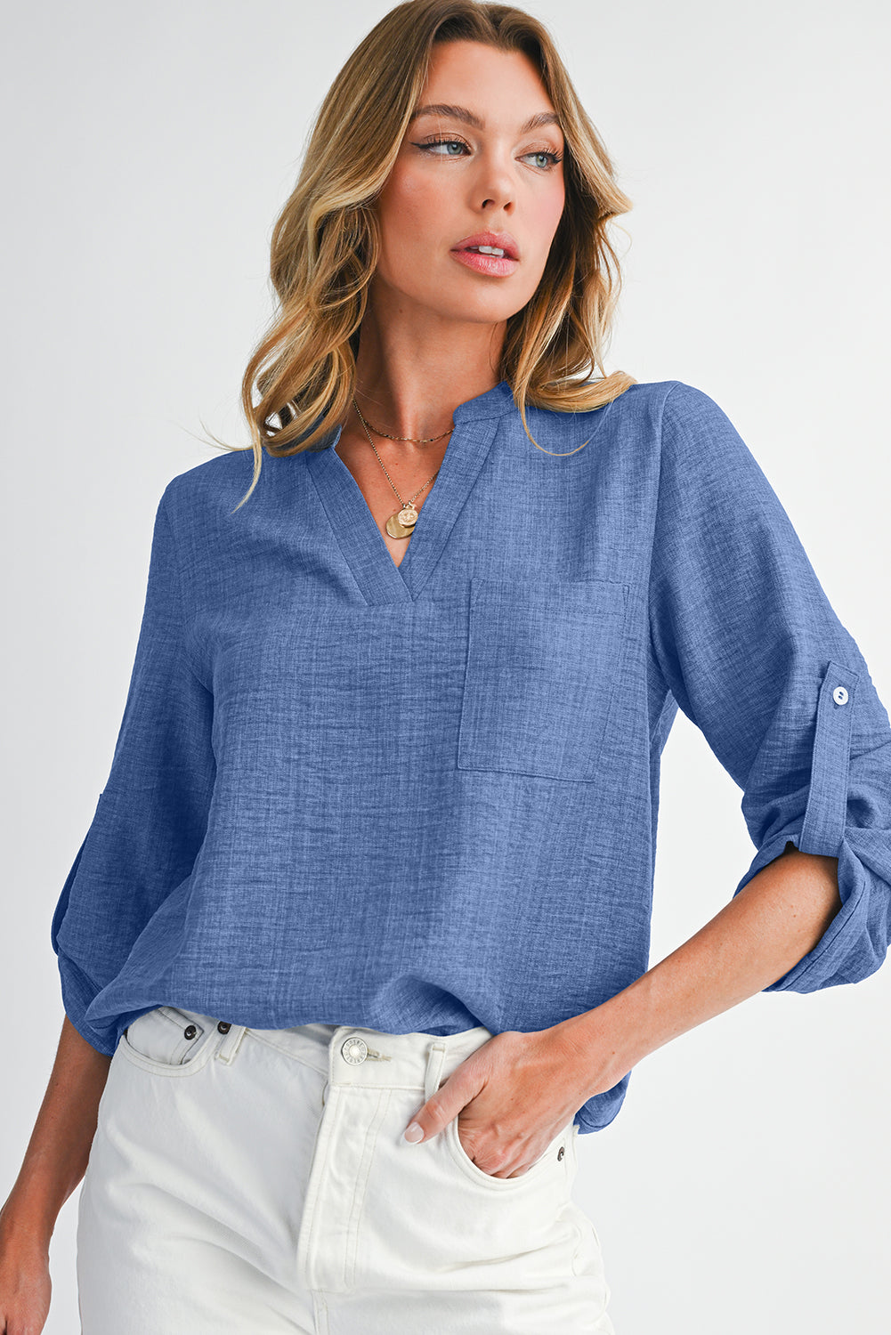 Ashleigh Blue Chest Pocket V Neck Plain Roll-up Sleeve Blouse
