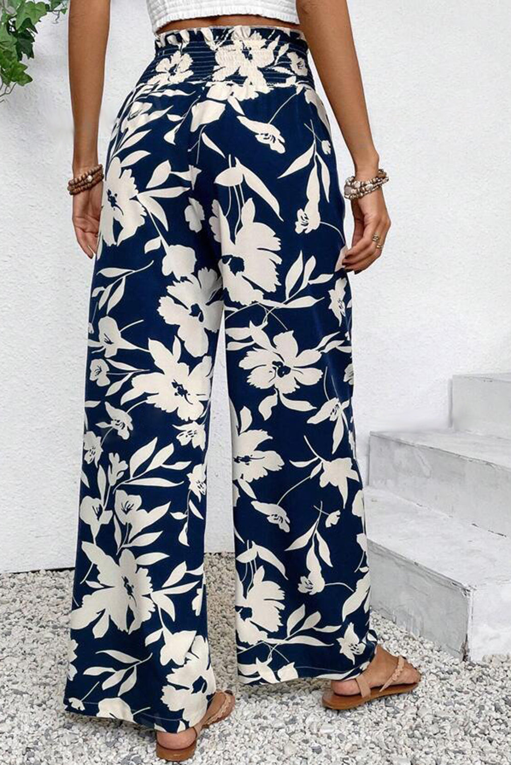 Blue Floral Smocked Frill Waist Wide Leg Pants