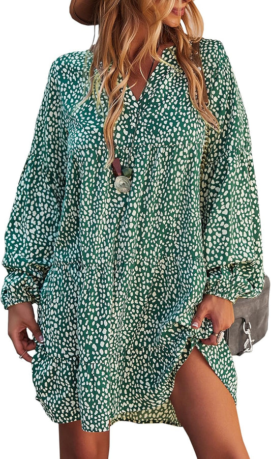 Women'S Summer Dresses Casual V Neck Button down 3/4 Sleeve Floral Print Loose Flowy Shirt Dress
