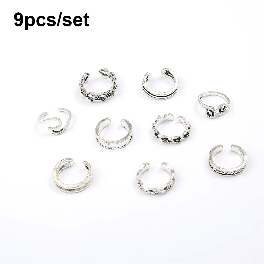 9Pcs Beach Foot Ring Open Adjustable Toe Rings Wave Alloy Ring Adjustable Rings Set for Women Foot Jewelry Boho