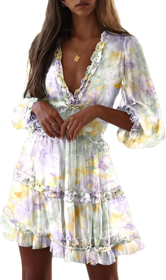 Womens 2025 Spring Summer Deep V Neck Long Sleeve Backless Ruffle Floral Flowy Mini Dress