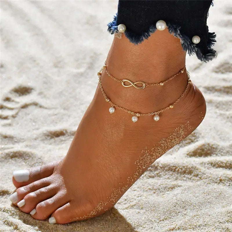 Boho Double Layer Anklets for Women Pearl Streaming Pendant Foot Chains 8 Shape Beach Bracelet Anklets Solar System Bracelet