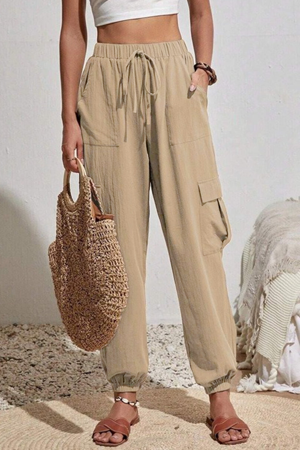 Pale Khaki Solid Color Pocket Cargo Pants