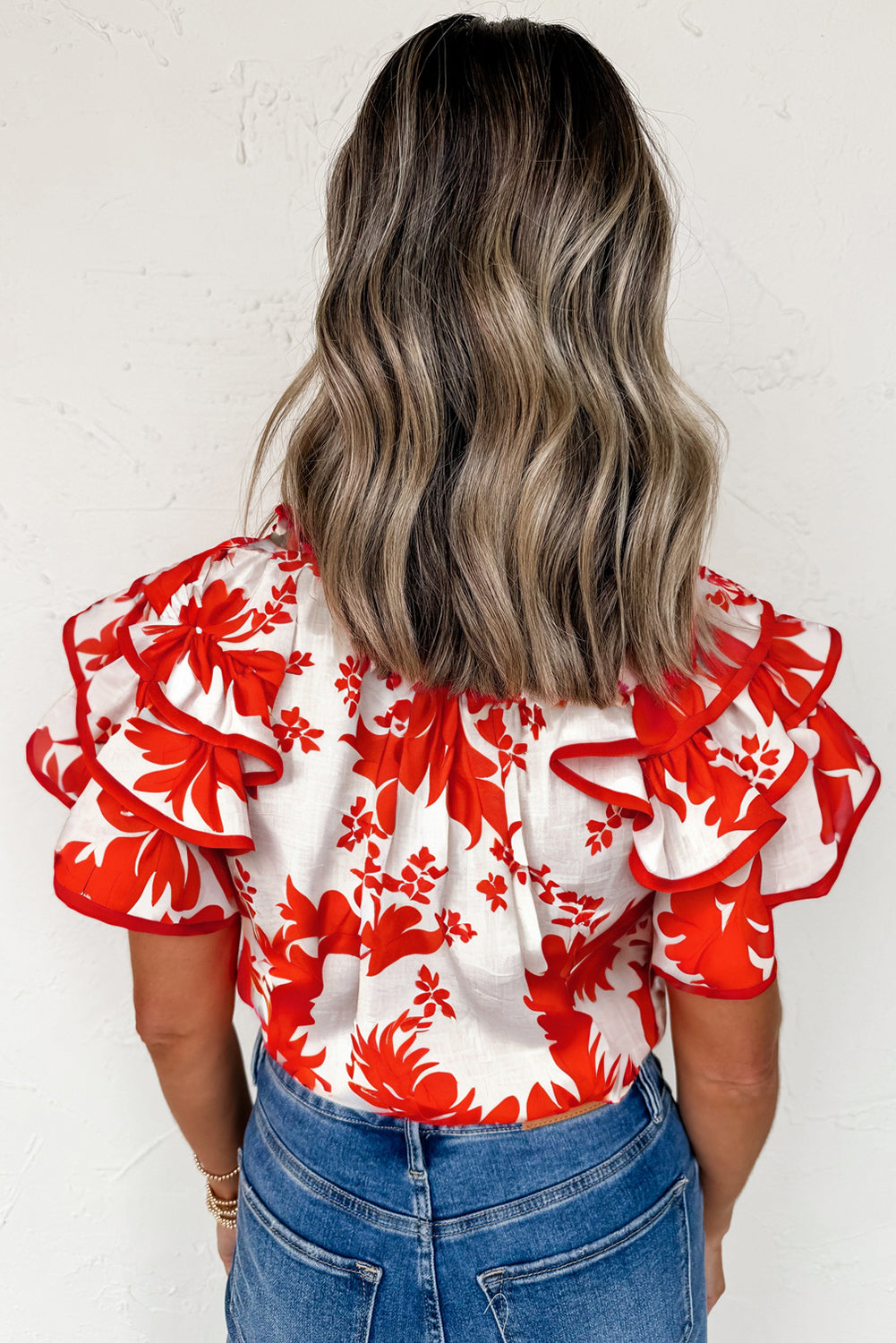 Red Plant Print Tiered Ruffle Sleeve Blouse