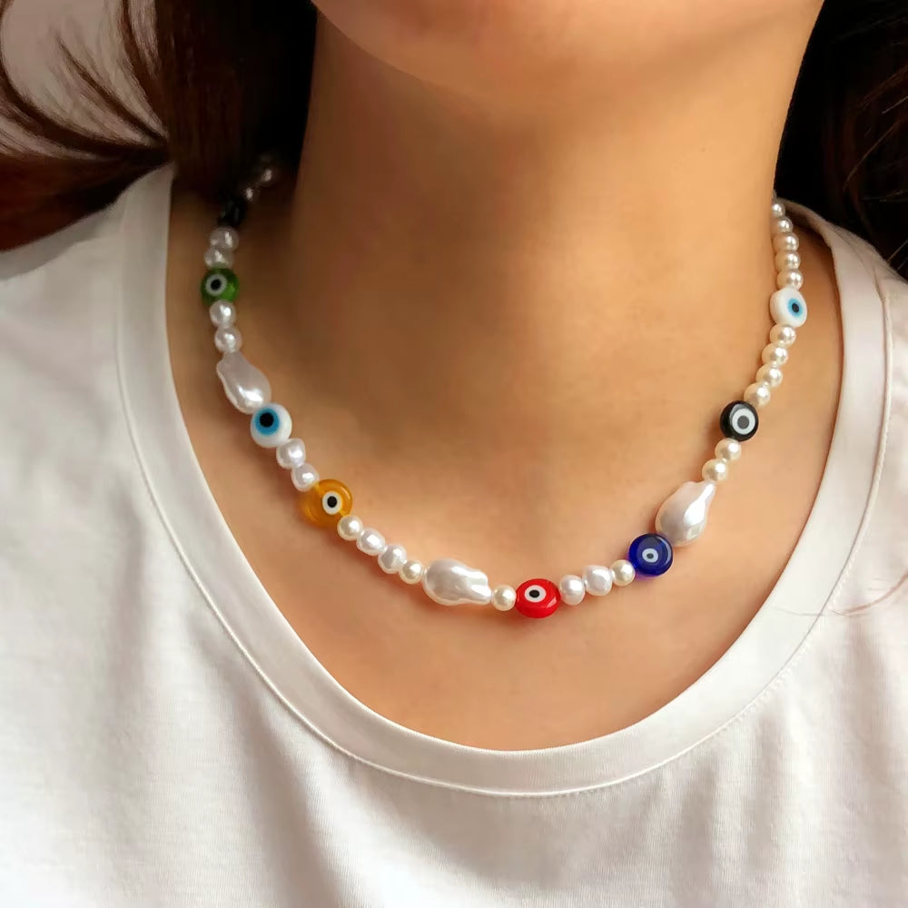 4 Colors Choice Boho Murano Glass Evil Eye Beads Necklace Handmade Turkish Evil Eye Baroque Pearl Chokers Women Jewelry