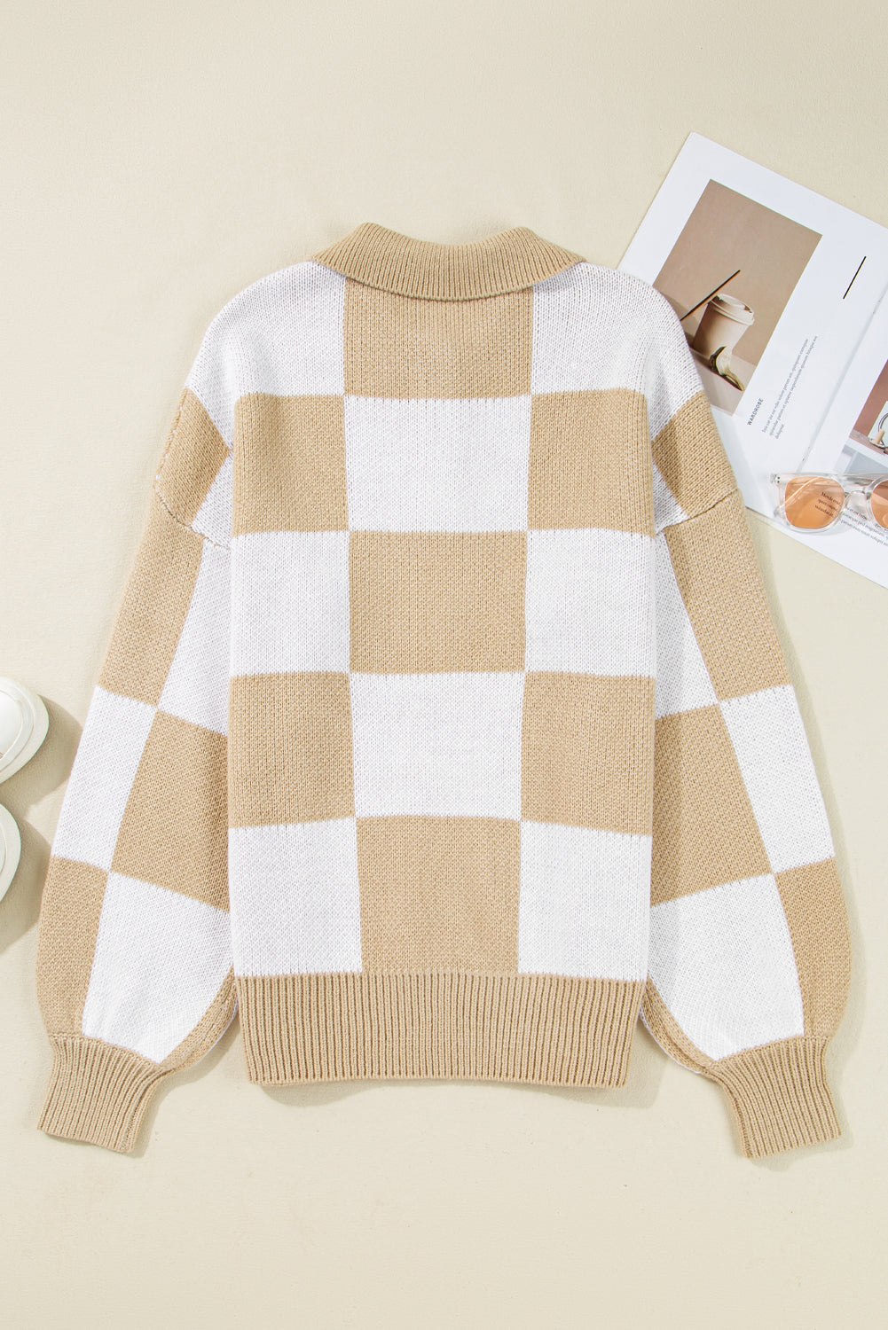 Light French Beige Checkered V-Neck Collared Pullover Sweater