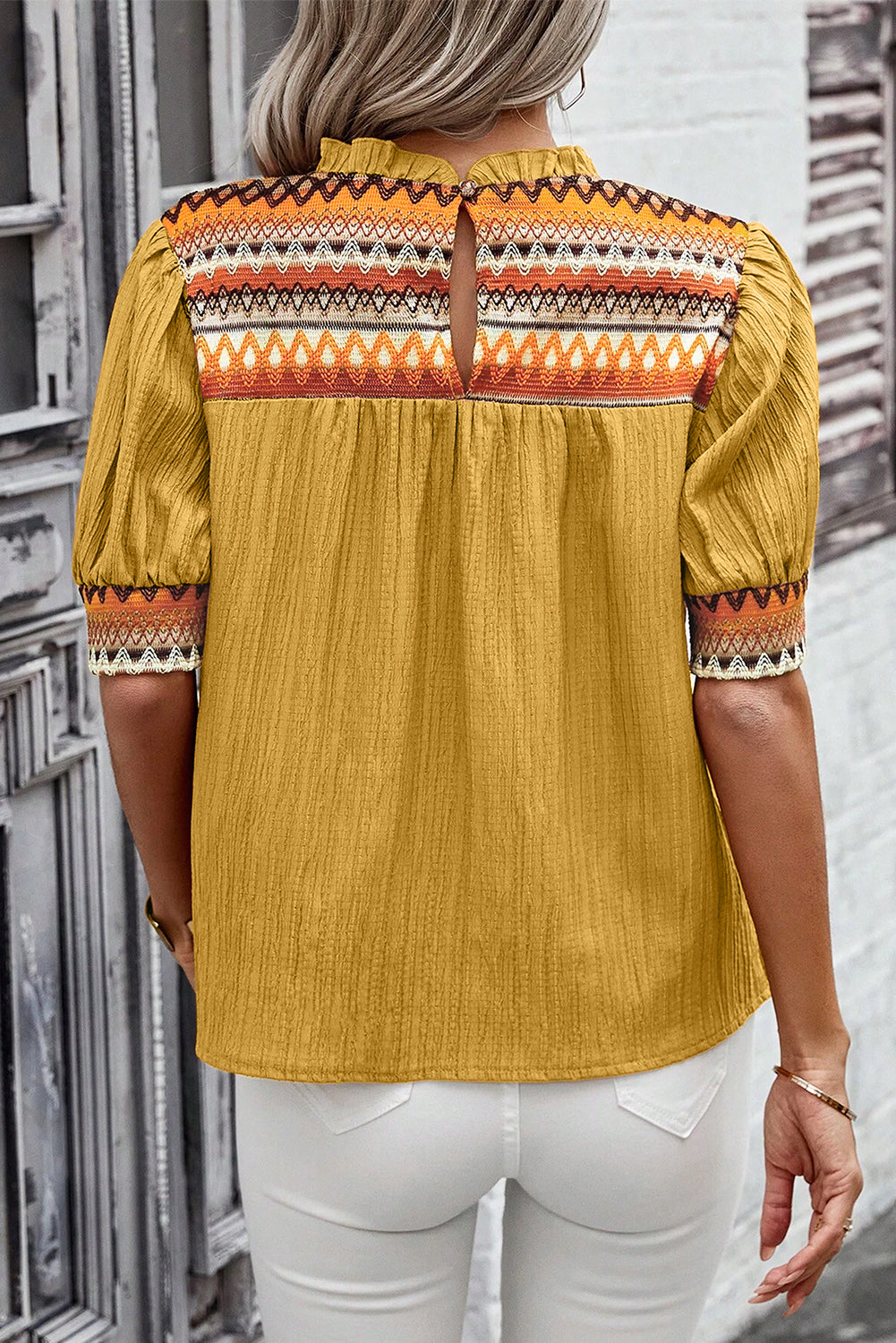 Mustard Geometric Short Puff Sleeve Frill Neck Blouse