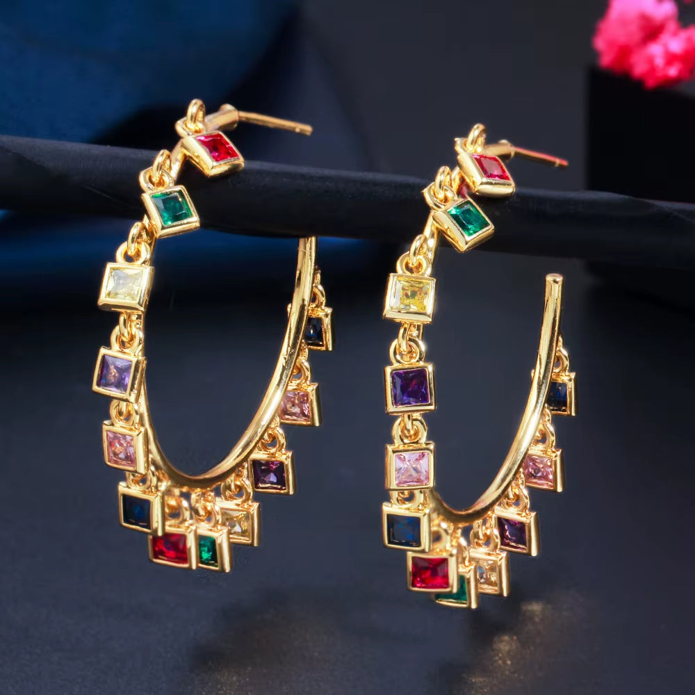 Chic Gold Color Rainbow CZ Big Circle round Dangle Tassel Drop Charms Hoop Earrings for Women 2021 Boho Jewelry CZ818