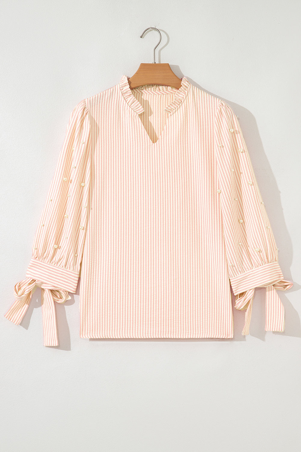 Pink Striped Pearl Beaded Knot Cuffs Blouse