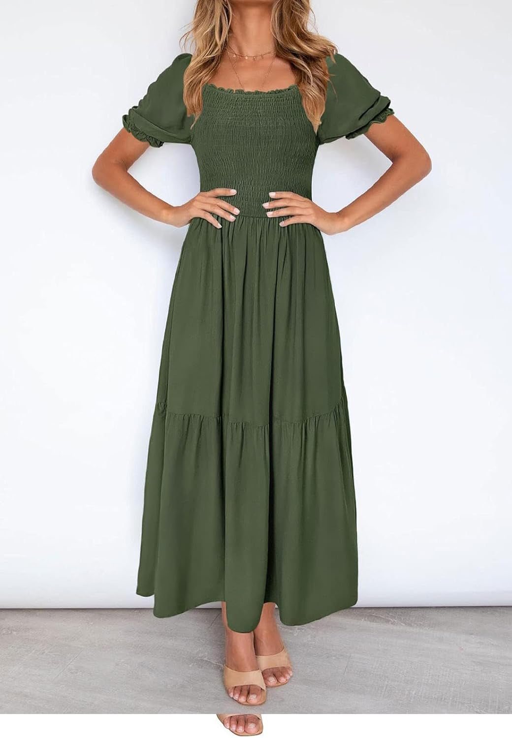 Women'S 2025 Summer Boho Floral Print Square Neck Ruffle Swing Beach Long Maxi Dress