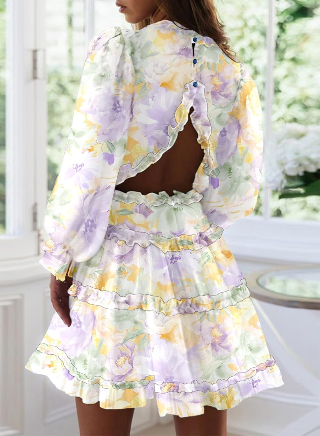 Womens 2025 Spring Summer Deep V Neck Long Sleeve Backless Ruffle Floral Flowy Mini Dress