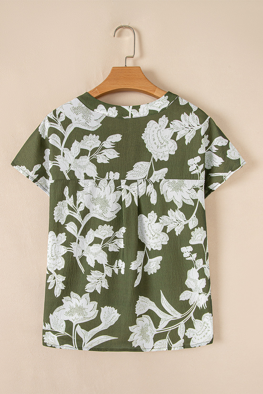 Green Floral Print Split Neck Short Sleeve Blouse
