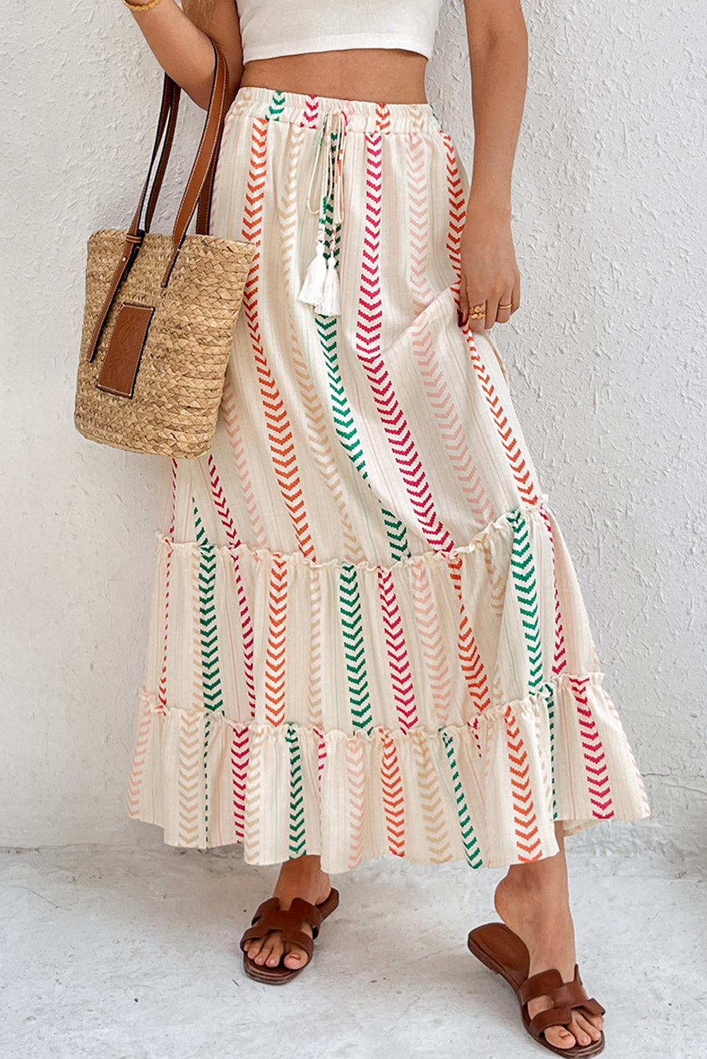 Multicolour Stripe Boho Tassel Tie Waist Tiered Maxi Skirt