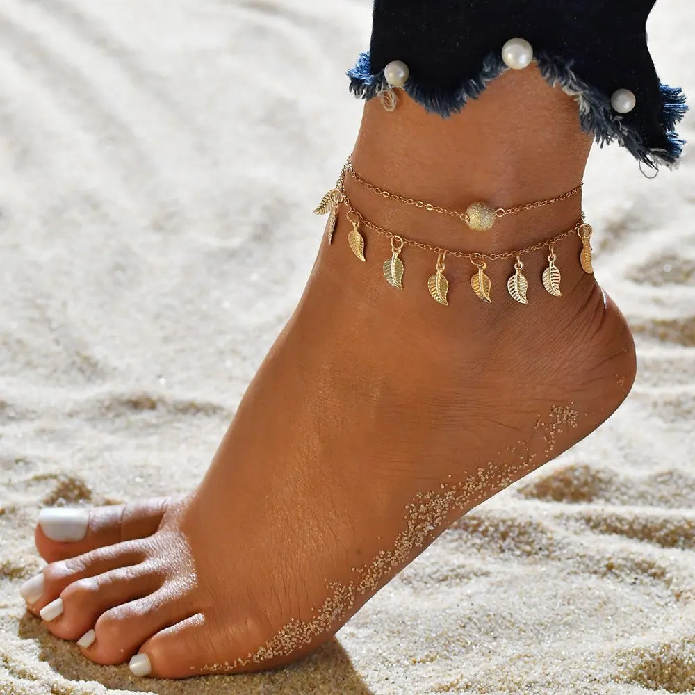 Boho Double Layer Anklets for Women Pearl Streaming Pendant Foot Chains 8 Shape Beach Bracelet Anklets Solar System Bracelet
