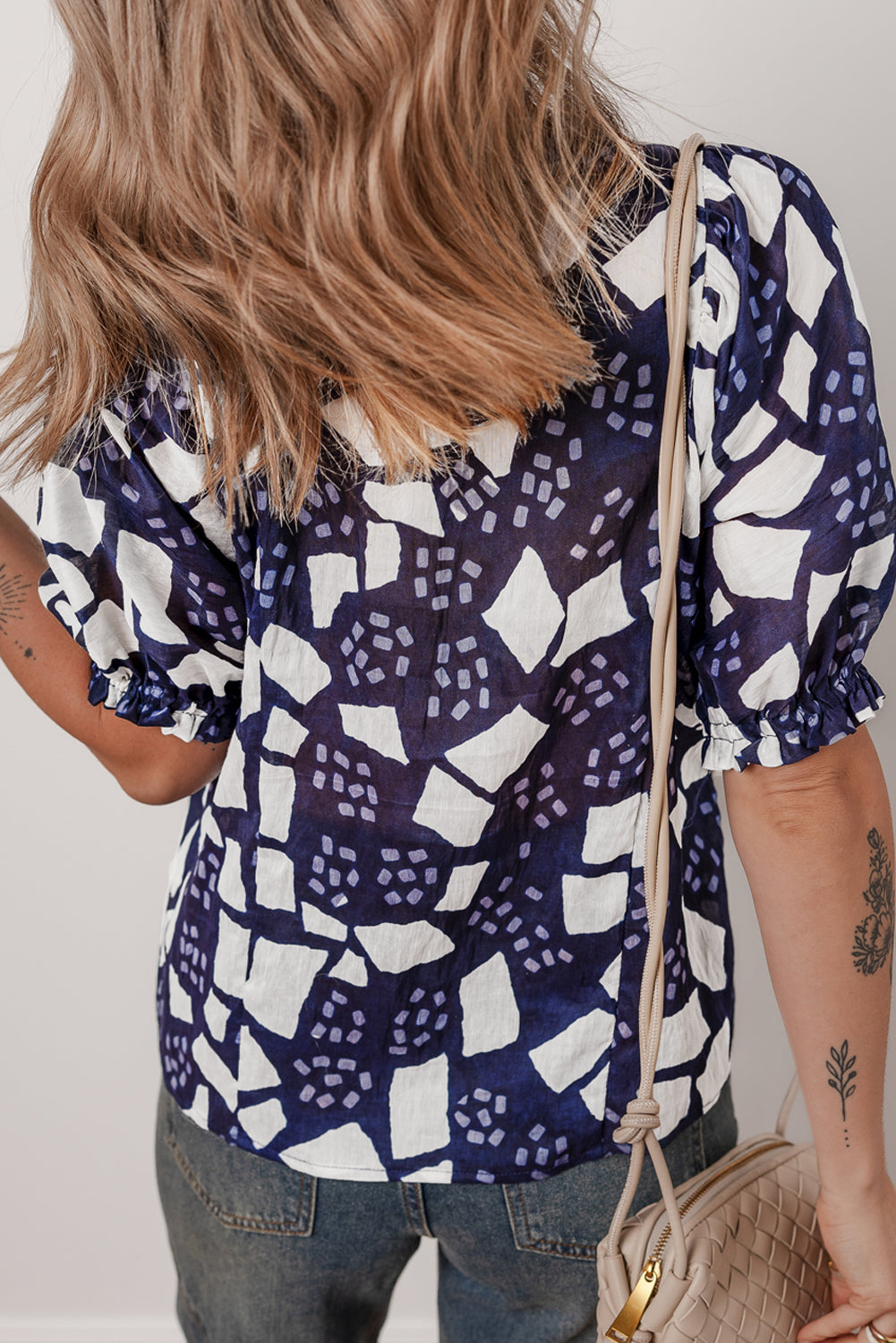 Blue Abstract Print Frill Puff Sleeve Loose Fit Blouse