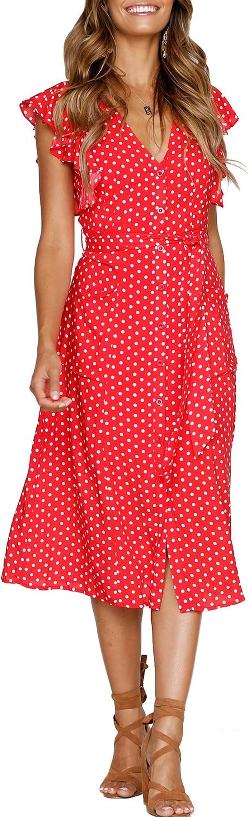 Women'S Boho Polka Dot Flutter Short Sleeve V Neck Button down Swing Midi Dress with Pockets
