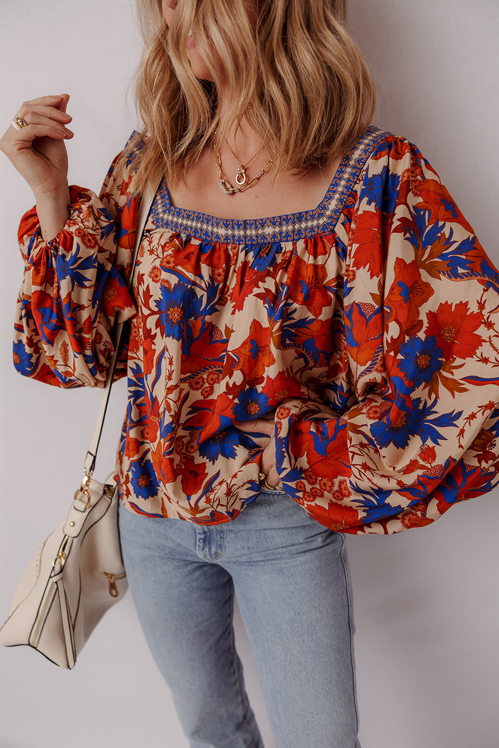 Multicolour Floral Print Square Neck Loose Fit Blouse