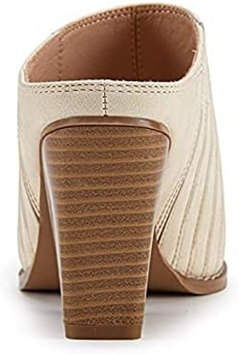 Womens Stacked Mules Heel Booties Pointed Closed Toe Backless Western Slip on Chunky Boots