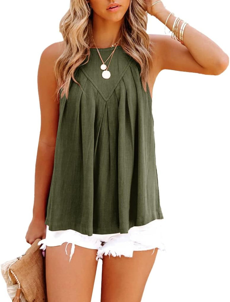 Womens Sleeveless Halter Tank Tops Summer Pleated Flowy Cami Loose Dressy Shirts Beach Blouses Army Green