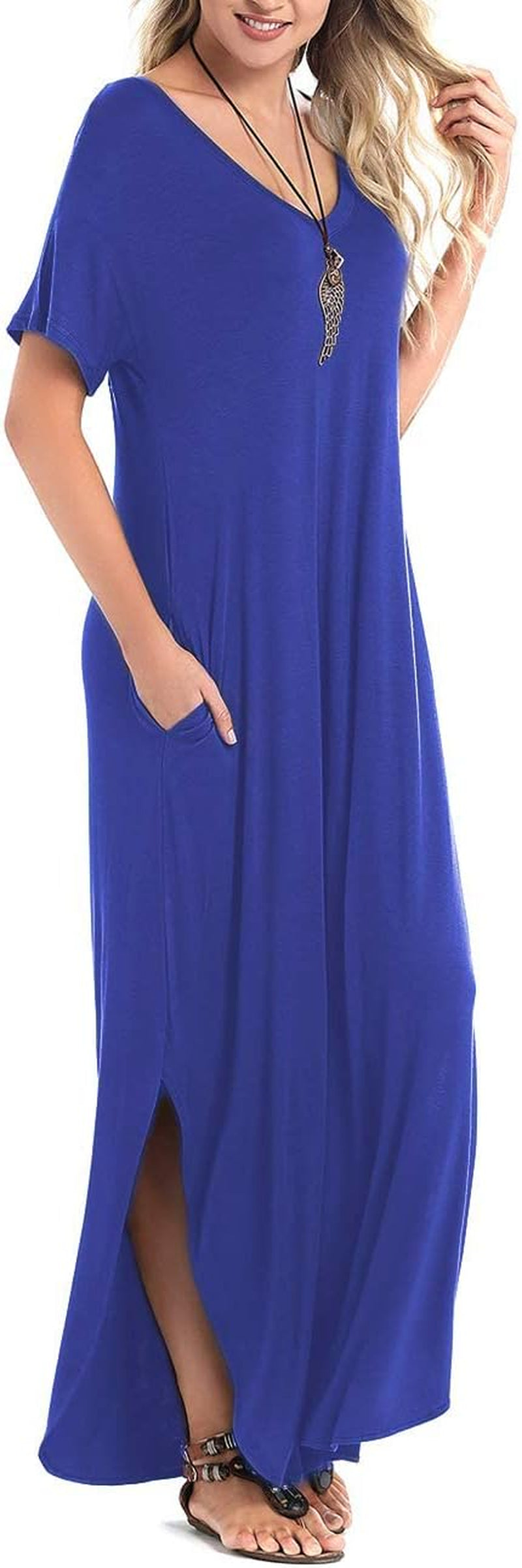 Women'S Summer Maxi Dress Short Sleeve V Neck Casual Loose Long Beach Split Dresses with Pockets