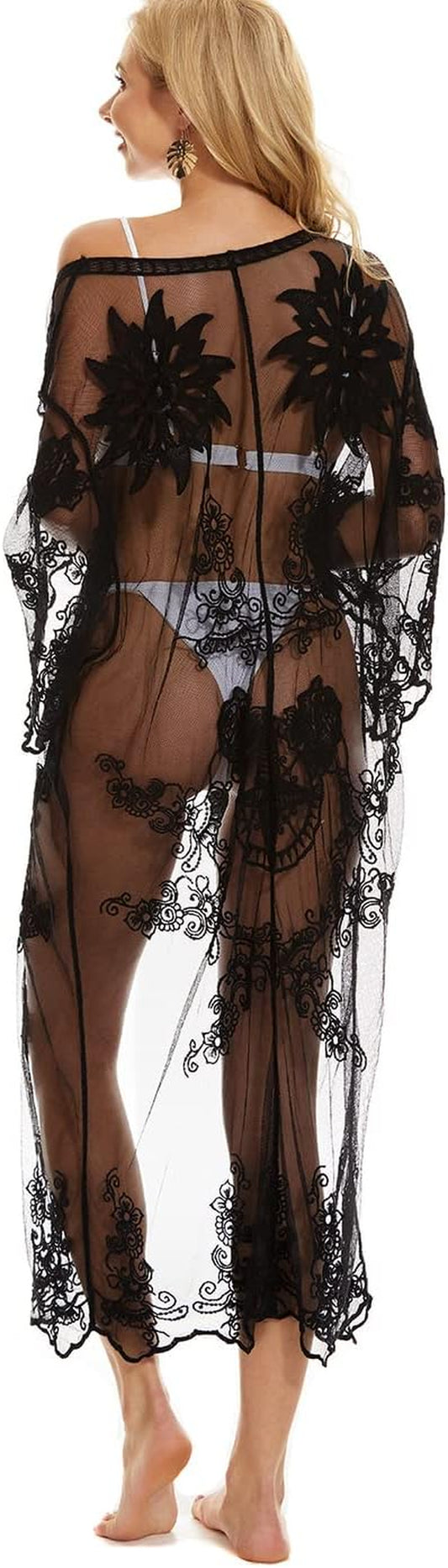 Women Mesh Lace Beach Kimono Cardigan Open Front Swimsuit Cover Ups Swimwear 210091 A-Black