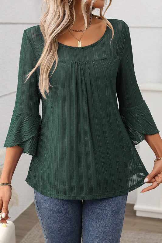 Blackish Green Bell Sleeve Shiny Mesh Top