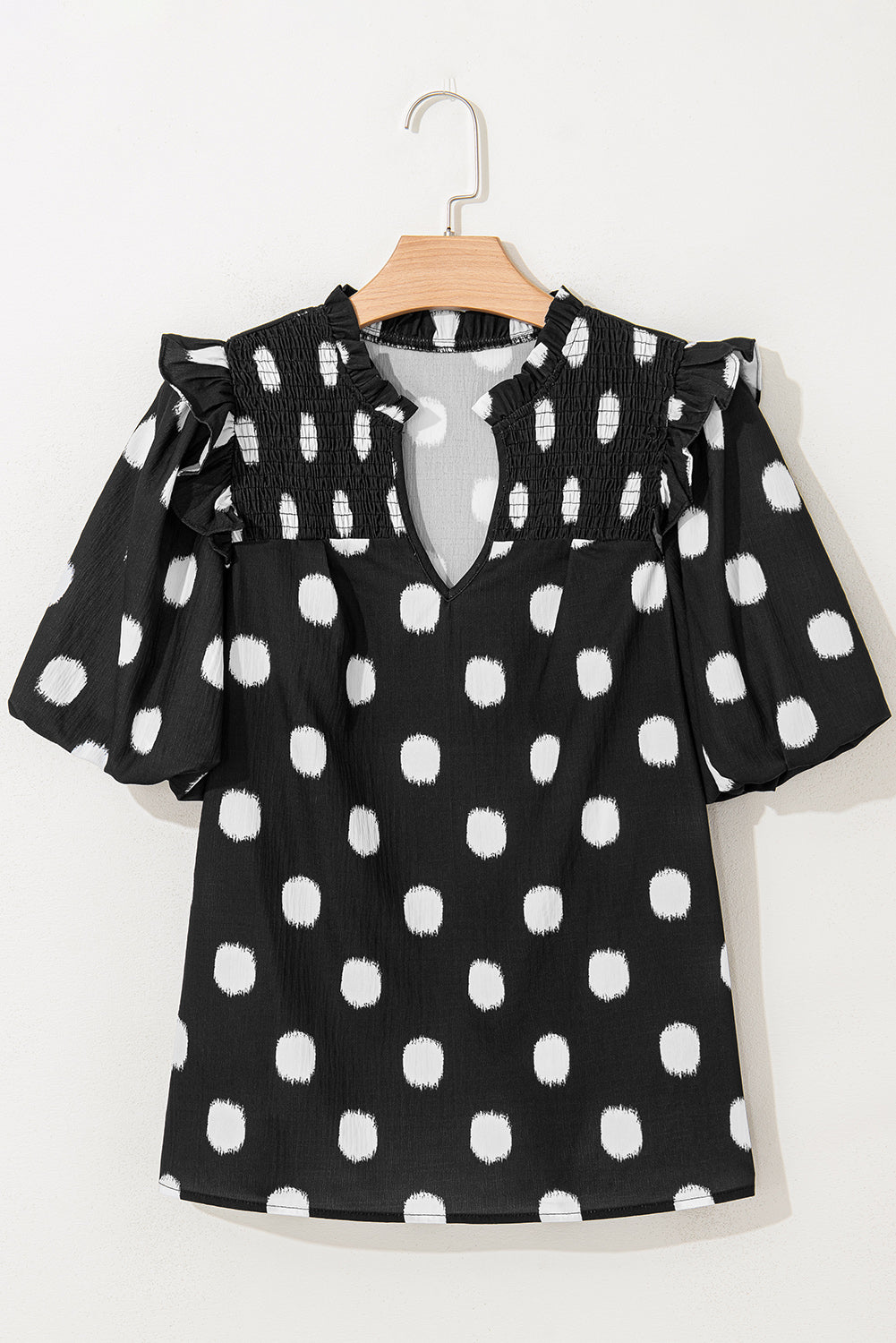 Black Polka Dot Print Smocked Notched Neck Balloon Sleeve Blouse